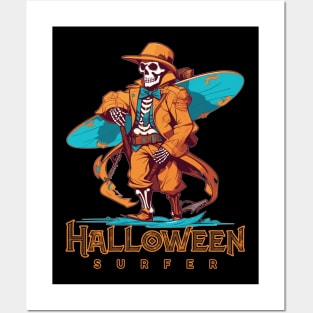 Halloween Beach Surfer Skeleton Posters and Art